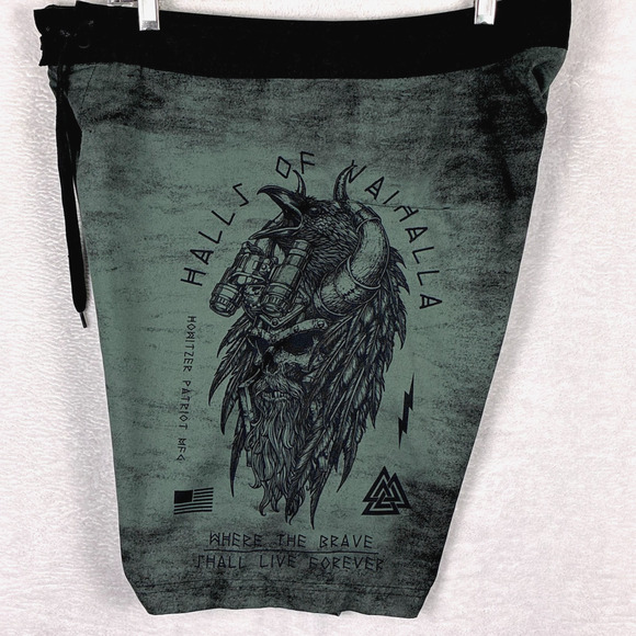 Howitzer Patriot Mfg Co Board Shorts Men 34 Green Military Viking Operator - Picture 1 of 9